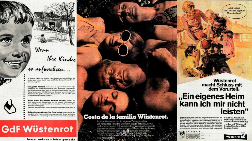 Drei verschiedene Werbeplakate aus den 1970ern der Gemeinschaft der Freunde zum Thema Bausparen