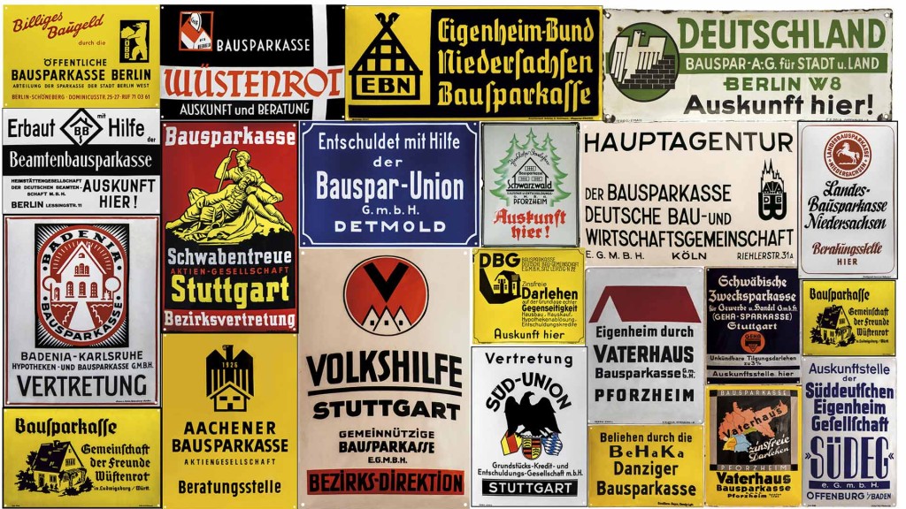 Grafische Aneinanderreihung von unterschiedlichsten Werbeschildern unterschiedlicher Bausparkassen